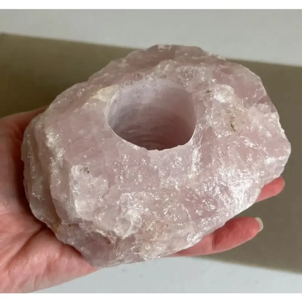 Large Natural Rose Quartz Crystal Candle Holder Tea Light Holder Made in Brazil